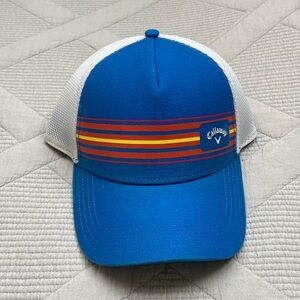 Blue and white Callaway hat with orange, red, and yellow detailing; SnapBack